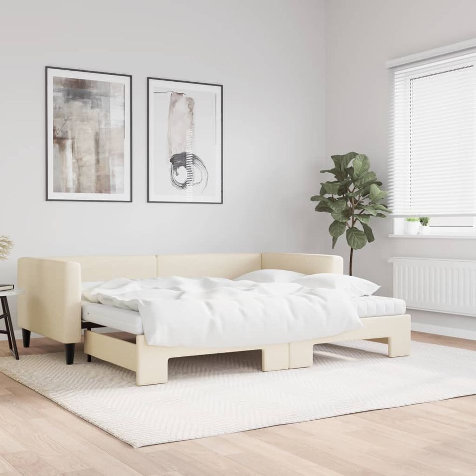 Lit de jour avec gigogne et matelas crème 90x200 cm tissu - Photo n°1