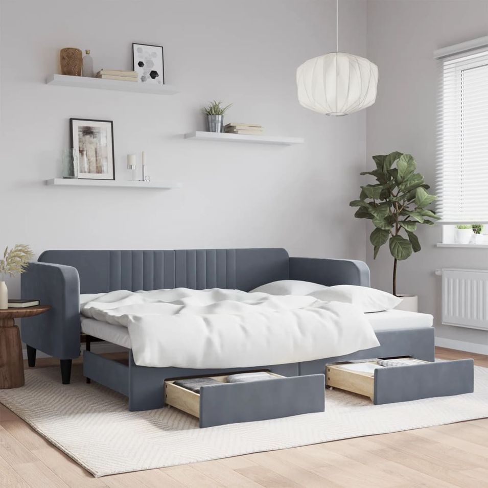 Lit de jour avec gigogne et tiroirs gris foncé 90x200cm velours - Photo n°1