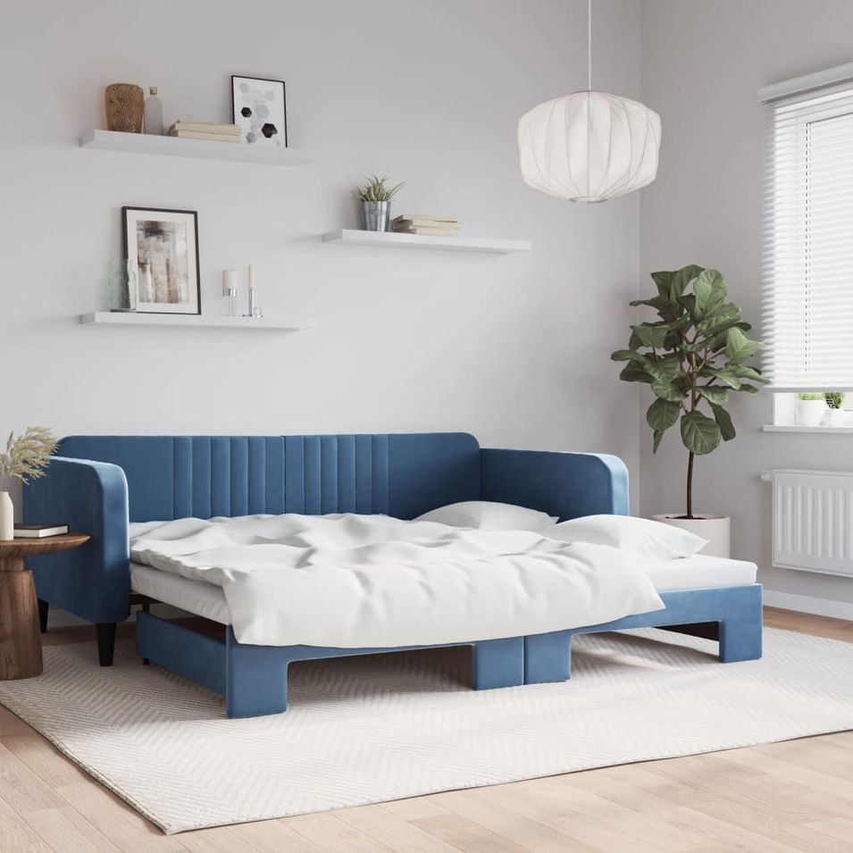 Lit de jour avec lit gigogne bleu 100x200 cm velours - Photo n°1