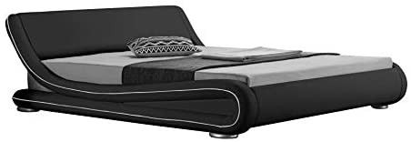 Lit design 140x190 cm simili cuir noir liseré blanc Amor - Photo n°1