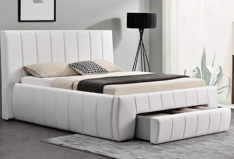 Lit design avec sommier et coffre simili blanc Kinda 180 - Photo n°1
