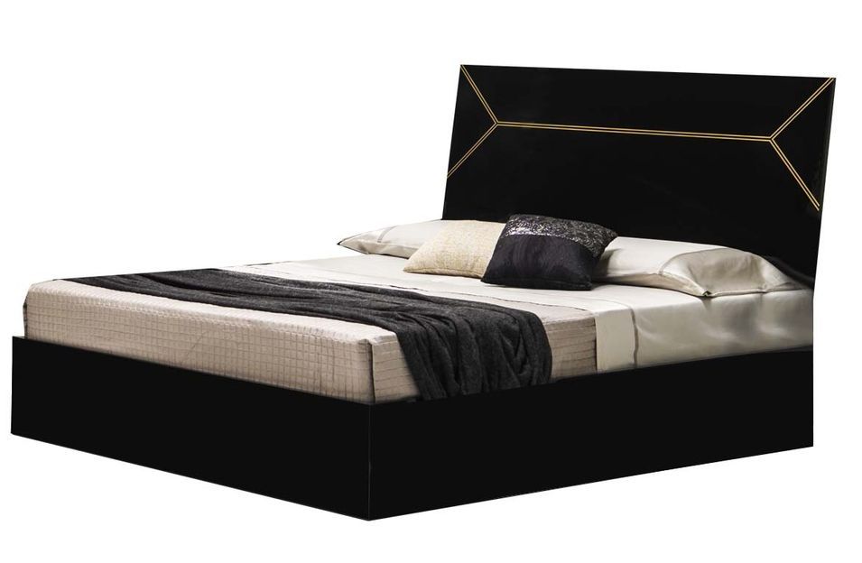 Lit design bois noir laqué et tête de lit noire laquée et dorée Diamanto - Photo n°1