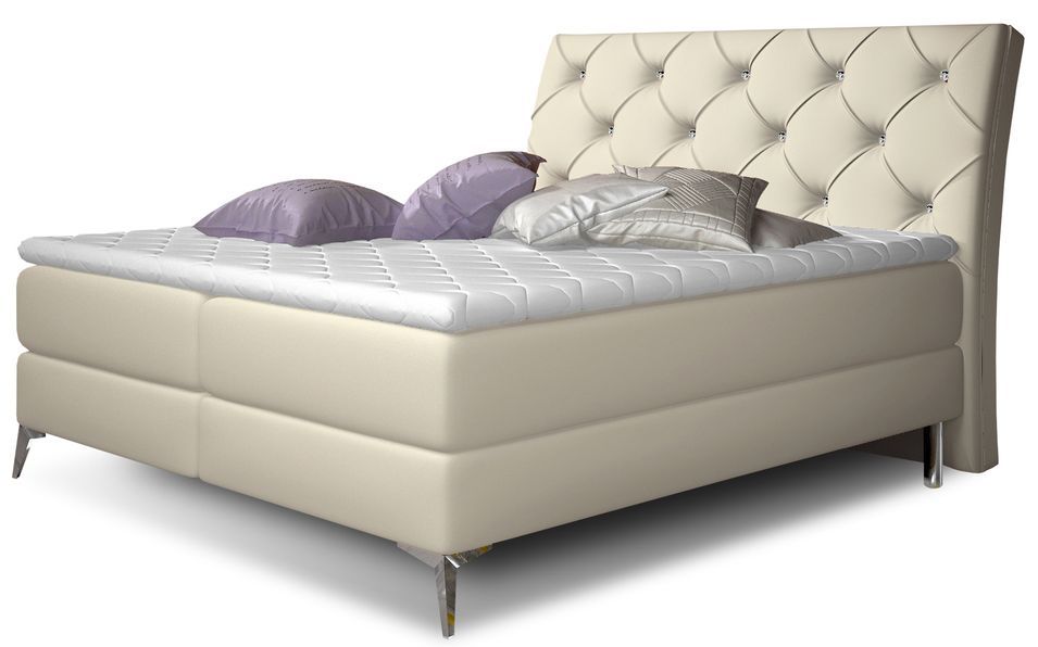 Lit design continental avec tête de lit capitonnée strass simili cuir beige clair Banky - Photo n°1