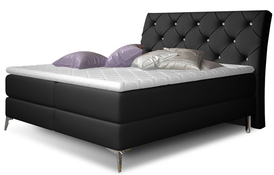 Lit design continental avec tête de lit capitonnée strass simili cuir noir Banky - Photo n°1