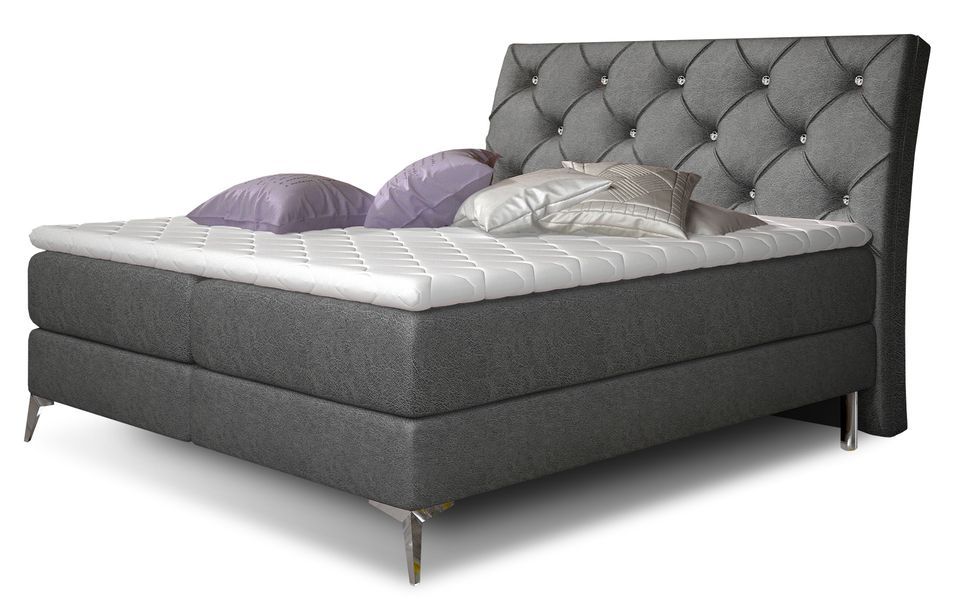 Lit design continental avec tête de lit capitonnée strass tissu gris anthracite Banky - Photo n°1