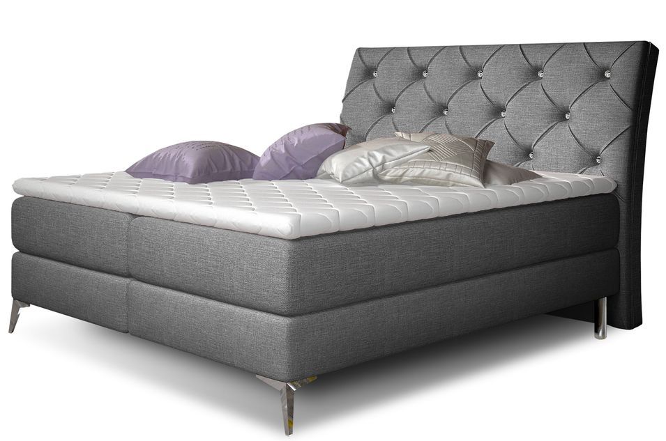 Lit design continental avec tête de lit capitonnée strass tissu gris Banky - Photo n°1
