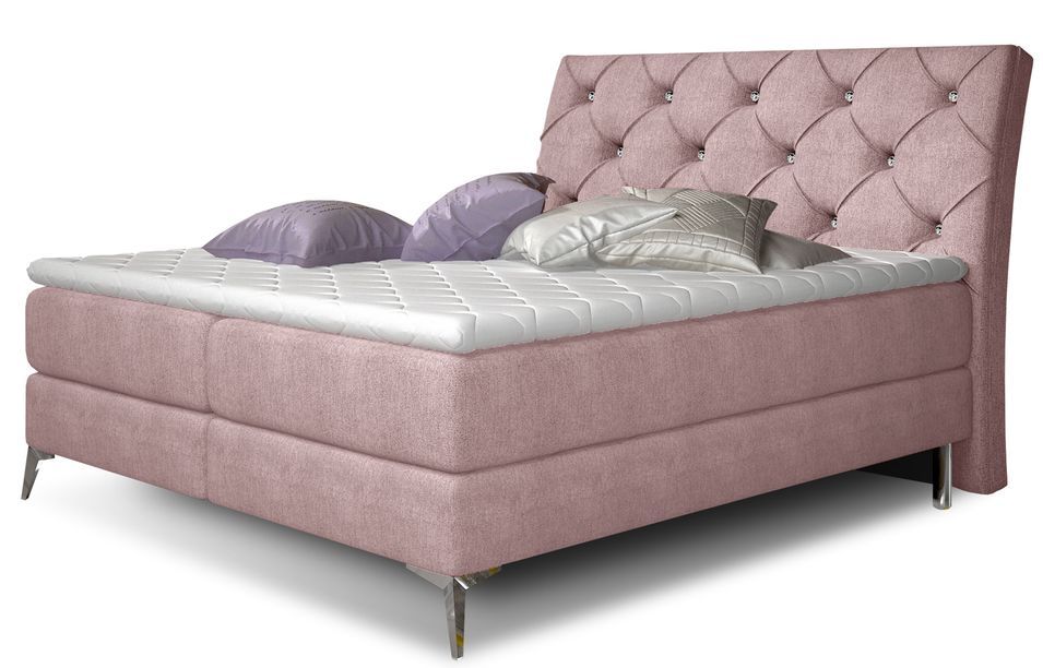 Lit design continental avec tête de lit capitonnée strass tissu rose Banky - Photo n°1
