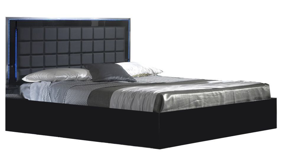 Lit design noir laqué et tête de lit capitonnée simili cuir noir avec Led Turin - Photo n°1