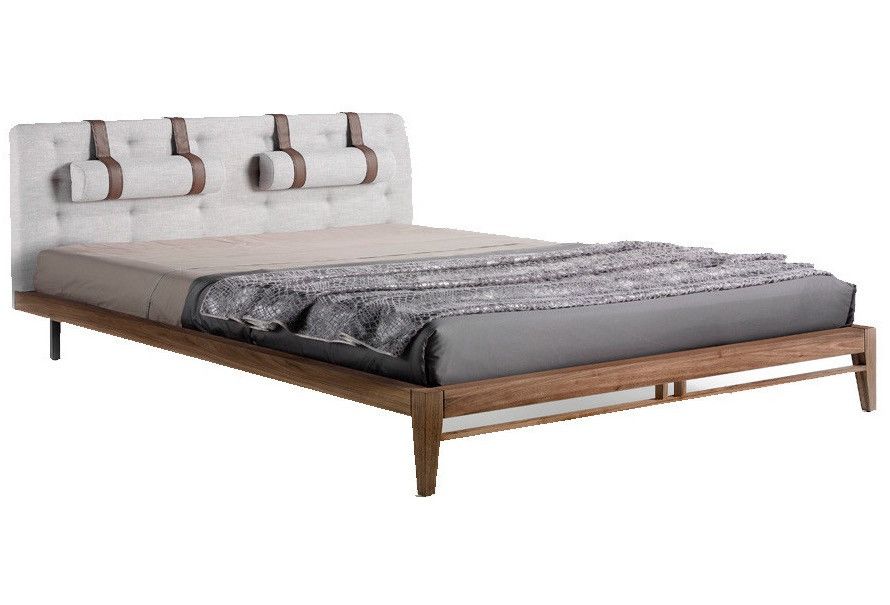 Lit double 150x200 cm bois noyer et tête de lit tissu gris Kala - Photo n°1