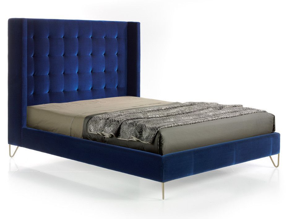 Lit double 150x200 cm capitonné velours bleu Loriza - Photo n°1