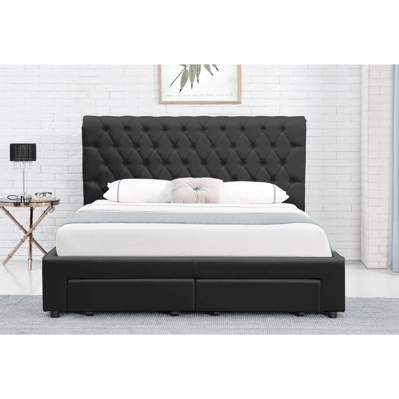 Lit double 4 tiroirs avec tête de lit capitonnée simili cuir noir Mysk 140x190 cm - Photo n°3