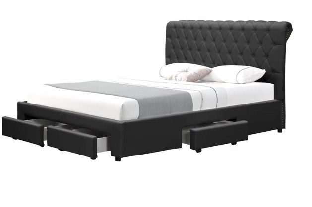 Lit double 4 tiroirs avec tête de lit capitonnée simili cuir noir Mysk 140x190 cm - Photo n°1