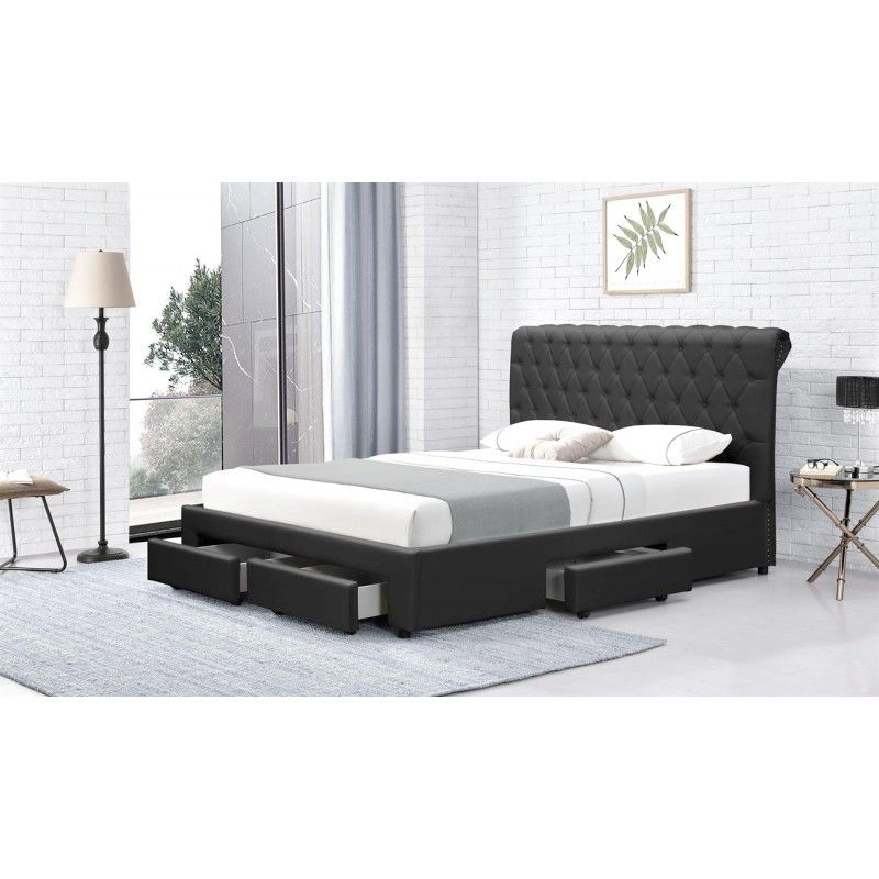 Lit double 4 tiroirs avec tête de lit capitonnée simili cuir noir Mysk 140x190 cm - Photo n°4