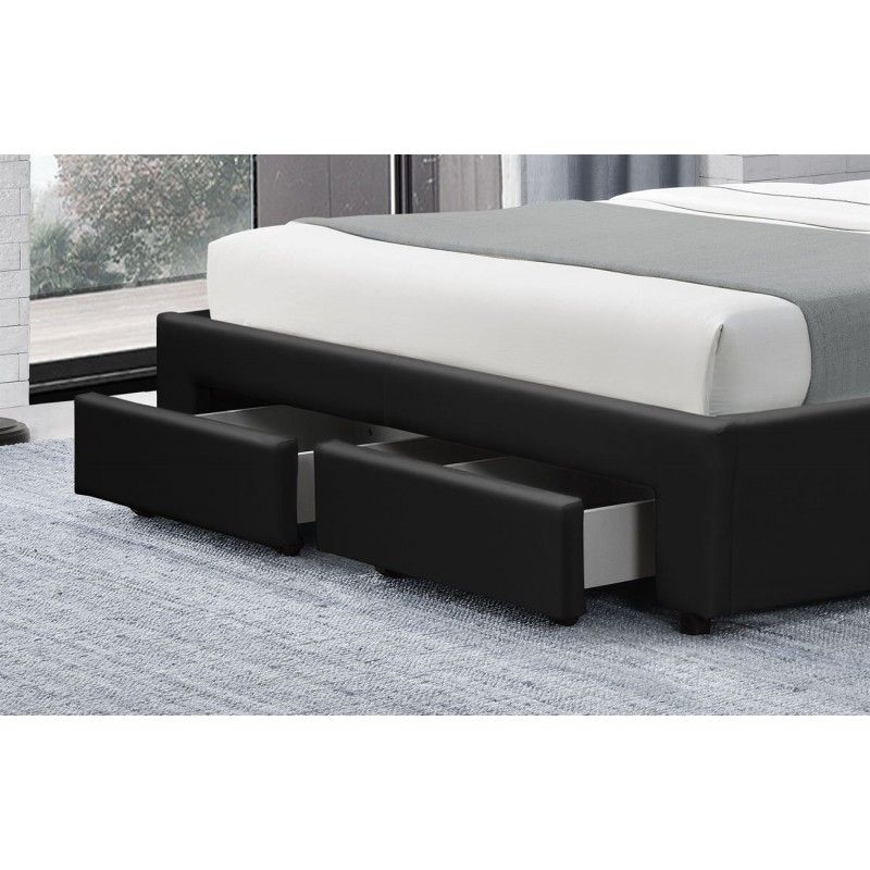 Lit double 4 tiroirs avec tête de lit capitonnée simili cuir noir Mysk 140x190 cm - Photo n°6