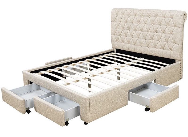 Lit double 6 tiroirs avec tête de lit capitonnée beige Mysk 140x190 cm - Photo n°1
