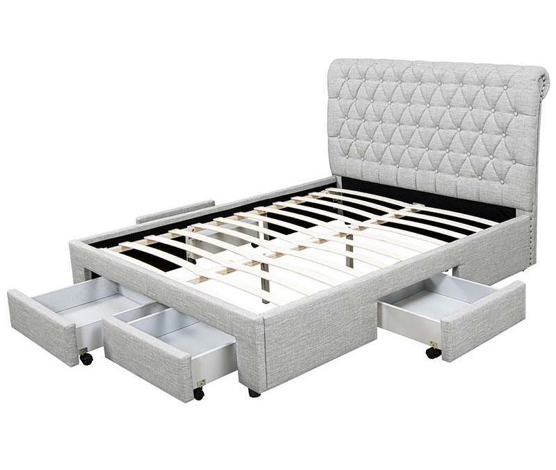 Lit double 6 tiroirs avec tête de lit capitonnée gris Mysk 180x200 cm - Photo n°1