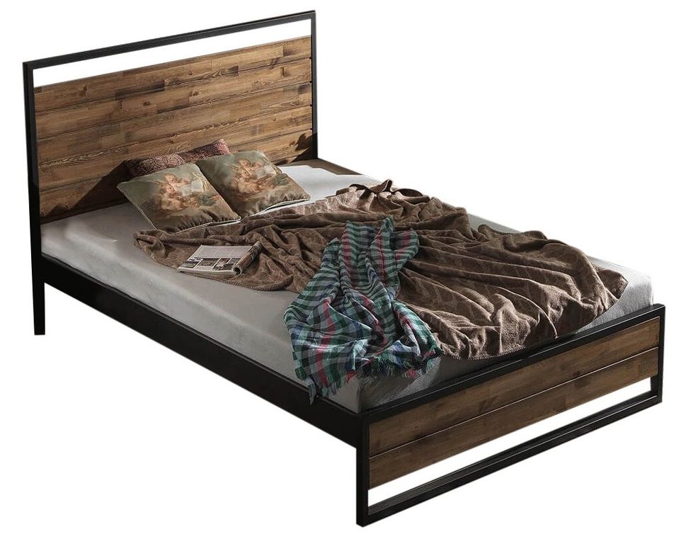 Lit double style industriel bois massif marron et métal noir Mikara - 6 tailles - Photo n°1