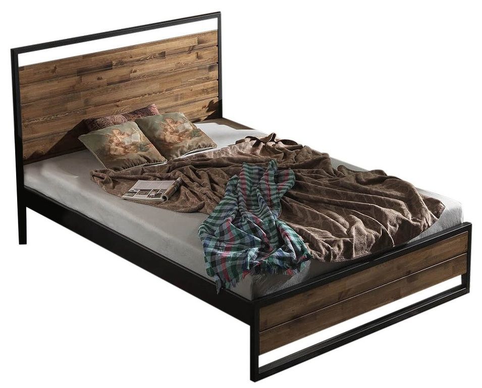 Lit double style industriel bois massif marron et métal noir Mikara - 6 tailles - Photo n°1