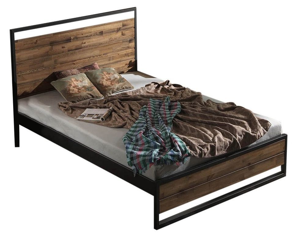 Lit double style industriel bois massif marron et métal noir Mikara - 6 tailles - Photo n°1