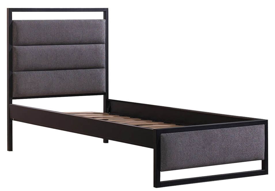 Lit double style industriel tissu feutré velours gris et métal noir Mikara - 6 tailles - Photo n°1