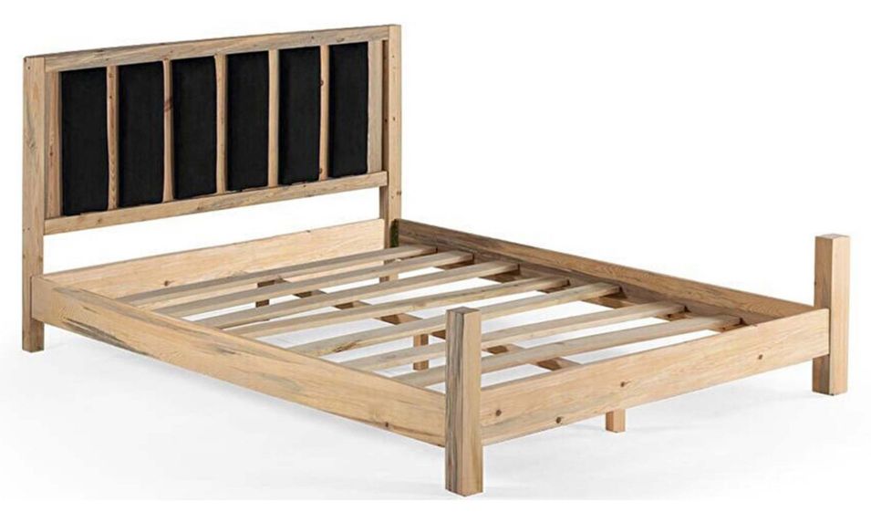 Lit en bois massif clair avec tête de lit tissu doux Mirenda - 7 tailles - Photo n°1