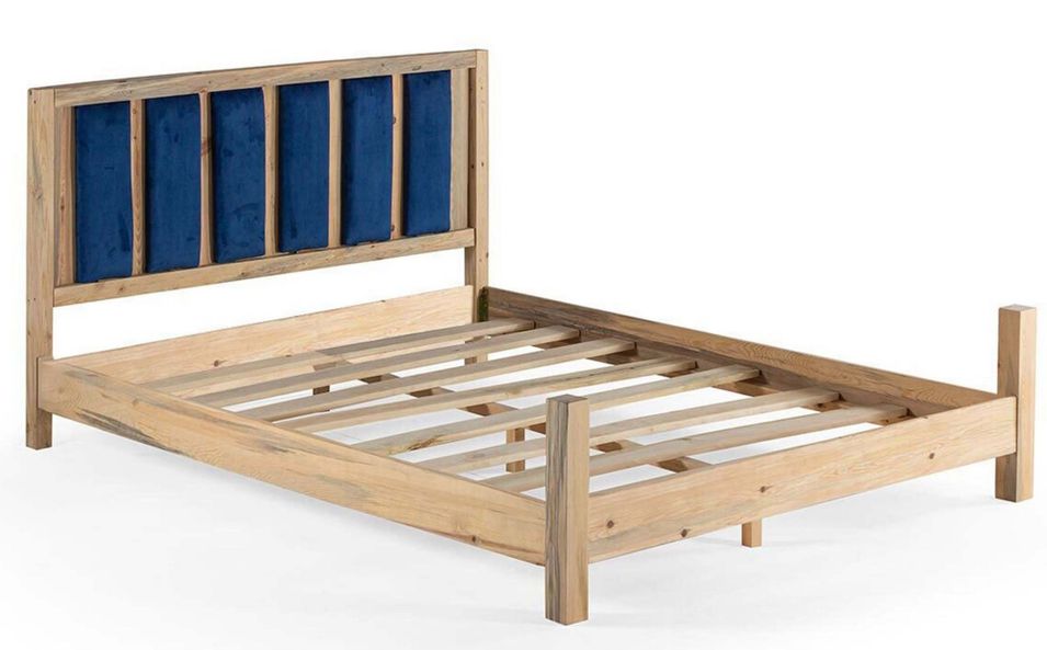 Lit en bois massif clair avec tête de lit tissu doux Mirenda - 7 tailles - Photo n°1