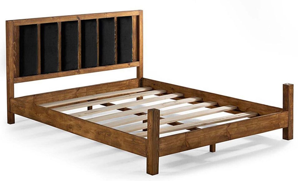 Lit en bois massif foncé avec tête de lit tissu doux Mirenda - 7 tailles - Photo n°1