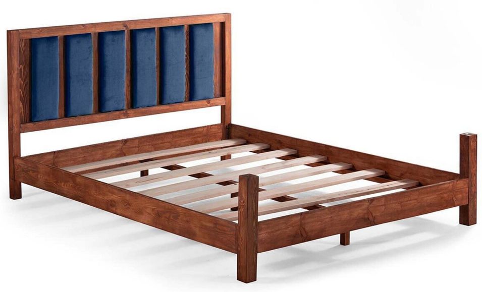 Lit en bois massif foncé avec tête de lit tissu doux Mirenda - 7 tailles - Photo n°1