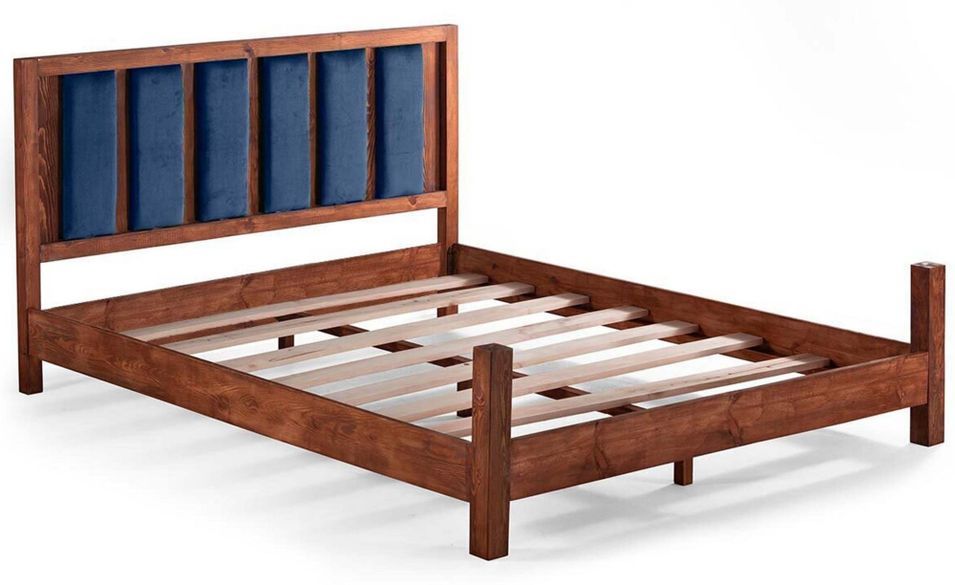 Lit en bois massif foncé avec tête de lit tissu doux Mirenda - 7 tailles - Photo n°1