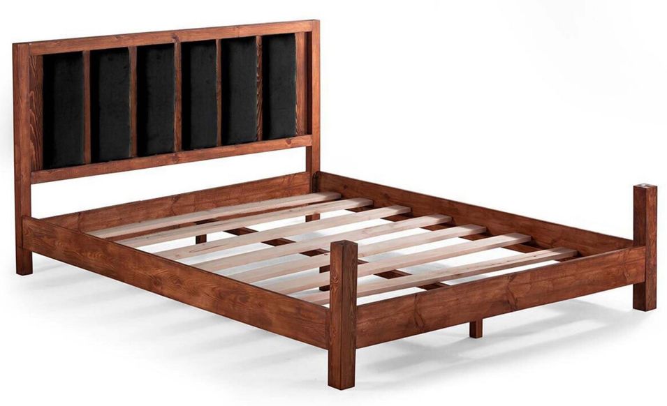 Lit en bois massif marron avec tête de lit tissu doux Mirenda - 7 tailles - Photo n°1