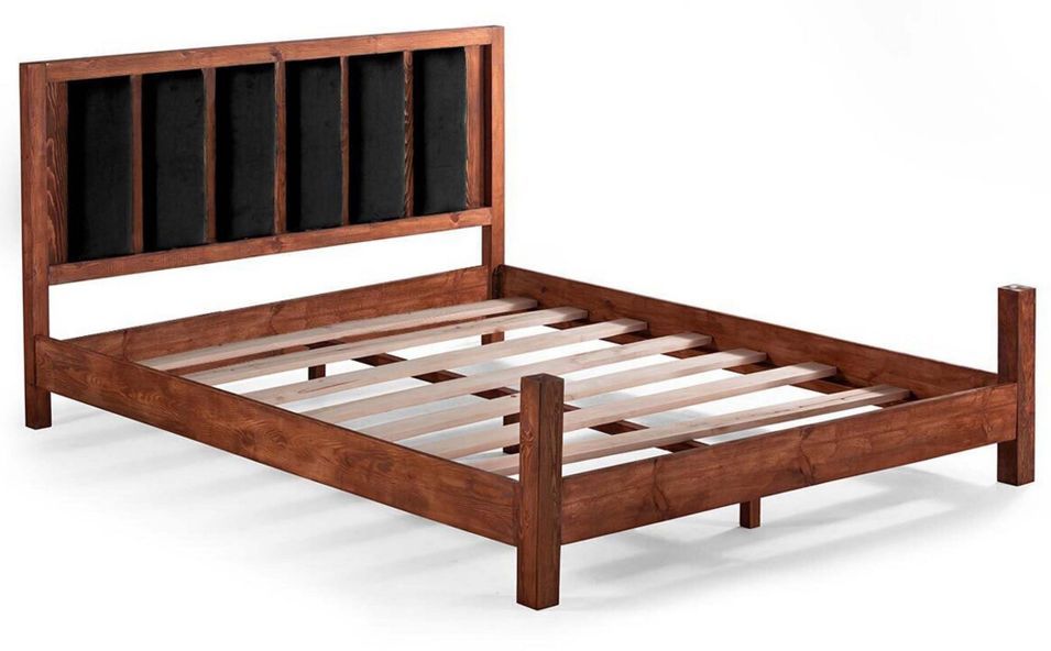 Lit en bois massif marron avec tête de lit tissu doux Mirenda - 7 tailles - Photo n°1