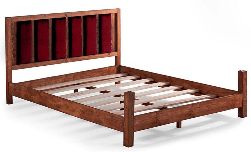 Lit en bois massif marron avec tête de lit tissu doux Mirenda - 7 tailles - Photo n°1