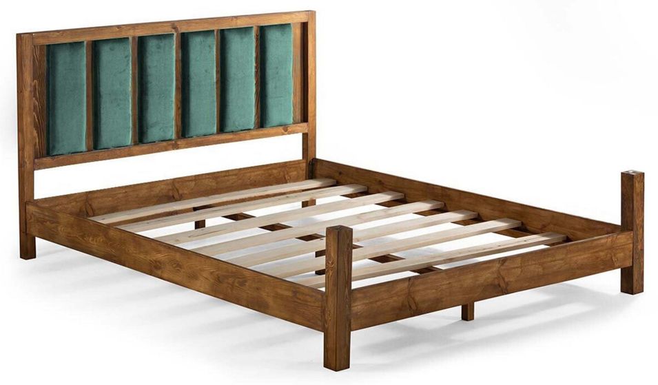 Lit en bois massif marron avec tête de lit tissu doux Mirenda - 7 tailles - Photo n°1