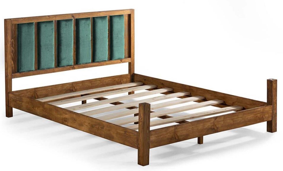 Lit en bois massif marron avec tête de lit tissu doux Mirenda - 7 tailles - Photo n°1