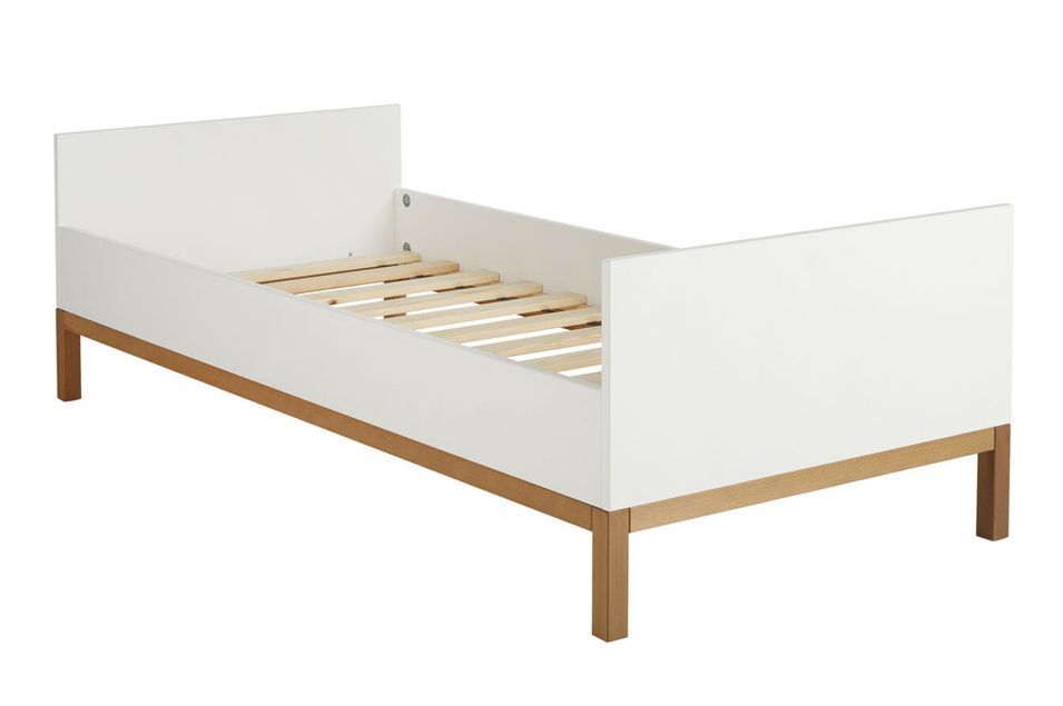 Lit enfant 90x200 cm bois blanc et pieds hêtre massif Miel - Photo n°1