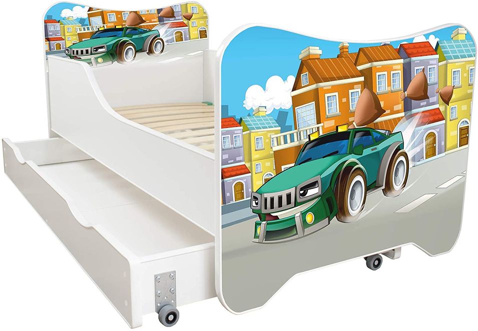 Lit enfant à tiroir et matelas 70x140 cm Super car - Photo n°1
