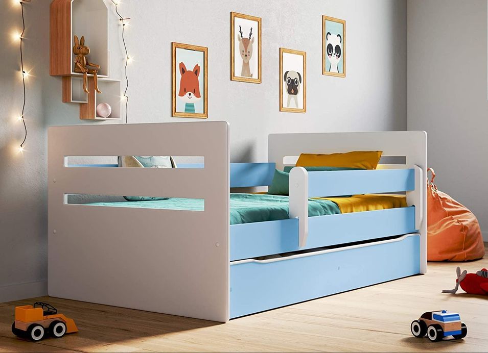 Lit enfant avec barrière de sécurité amovible blanc et bleu Moly - Photo n°1