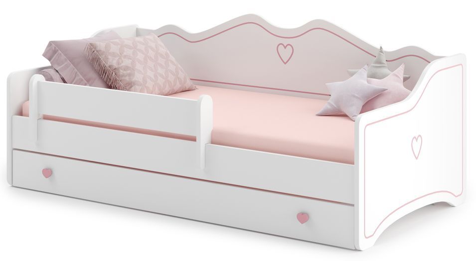 Lit enfant avec tiroirs de rangement bois blanc 80x160 cm petit coeur rose Kelly - Photo n°1