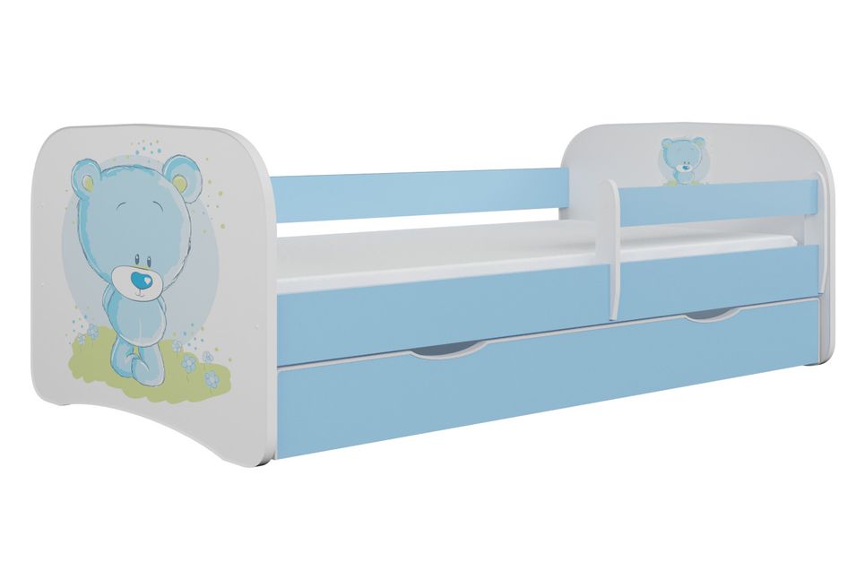 Lit enfant bleu nounours avec sommiers et barrière de sécurité amovible Drimy - Photo n°1