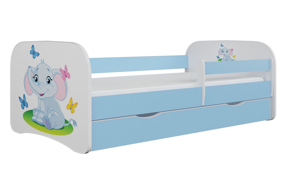 Lit enfant bleu petit éléphant avec sommiers et barrière de sécurité amovible Drimy - Photo n°1