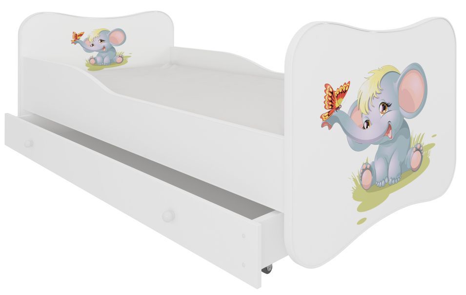 Lit enfant bois blanc à tiroirs avec imprimé éléphant 70x140 ou 80x160 cm - Sommier et matelas inclus - Ondula - Photo n°1