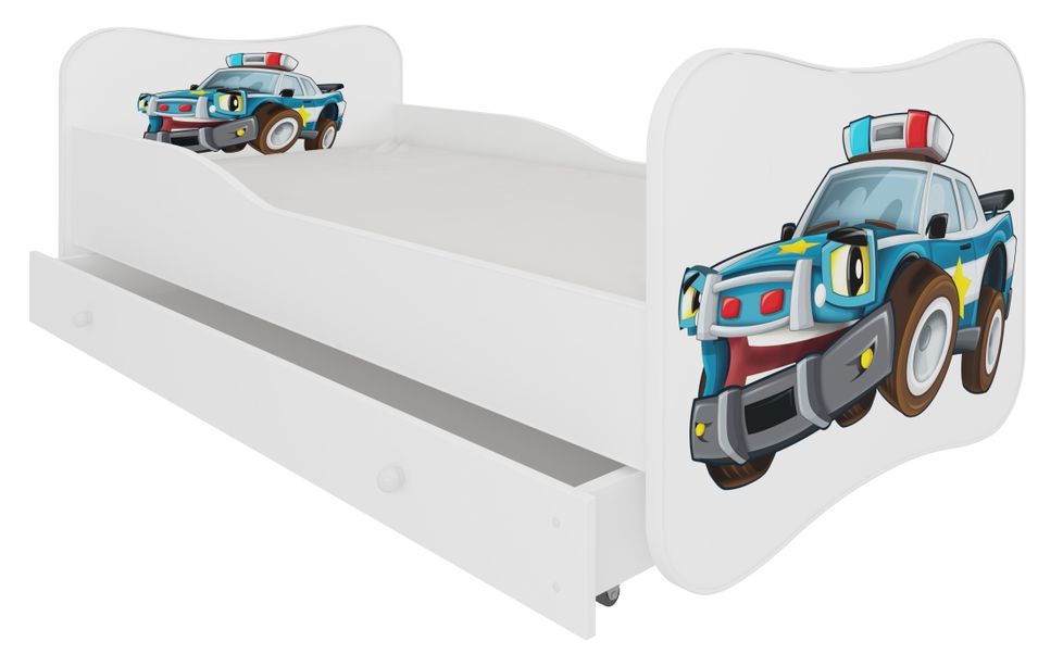 Lit enfant bois blanc à tiroirs avec imprimé voiture de police - Sommier et matelas inclus - Ondula - Photo n°1