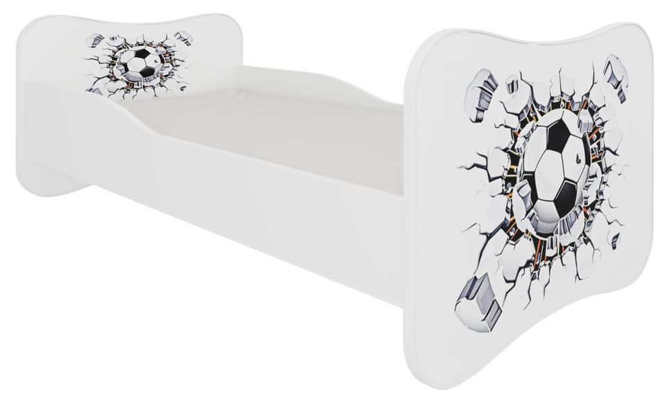 Lit enfant bois blanc imprimé ballon de football 70x140 ou 80x160 cm - Sommier et matelas inclus - Ondula - Photo n°1