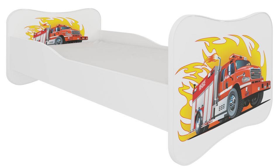 Lit enfant bois blanc imprimé camion de pompier 70x140 ou 80x160 cm - Sommier et matelas inclus - Ondula - Photo n°1