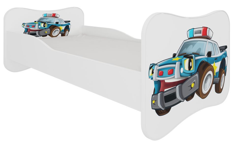 Lit enfant bois blanc imprimé voiture de police 70x140 ou 80x160 cm - Sommier et matelas inclus - Ondula - Photo n°1