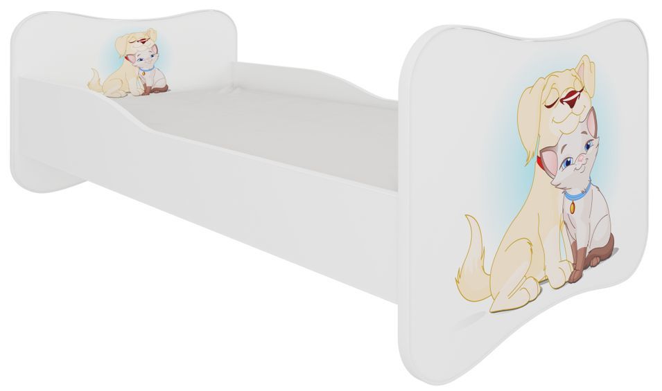 Lit enfant bois blanc imprimé chien et chat 70x140 ou 80x160 cm - Sommier et matelas inclus - Ondula - Photo n°1