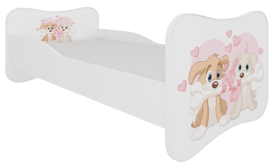 Lit enfant bois blanc imprimé chiens amoureux 70x140 ou 80x160 cm - Sommier et matelas inclus - Ondula - Photo n°1