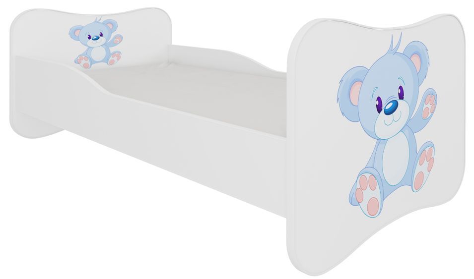 Lit enfant bois blanc imprimé ourson bleu 70x140 ou 80x160 cm - Sommier et matelas inclus - Ondula - Photo n°1