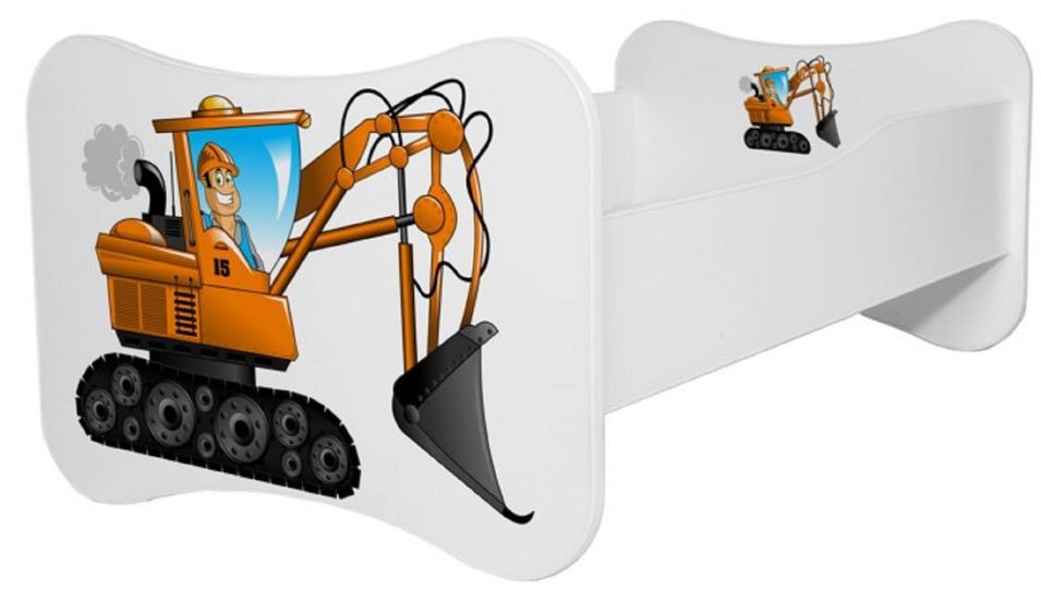 Lit enfant bois blanc imprimé pelleteuse 70x140 ou 80x160 cm - Sommier et matelas inclus - Ondula - Photo n°1