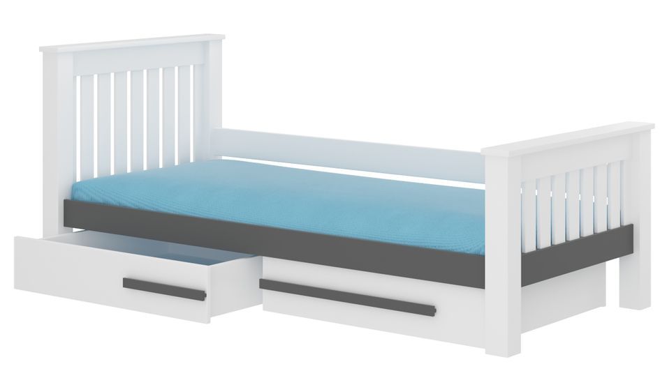 Lit enfant bois pin blanc et gris graphite 90x200 cm avec 2 tiroirs de rangement Rallye - Photo n°1